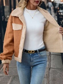 SHEIN Clasi Áo khoác nỉ kẻ caro hai mặt dành cho nữ mùa đông, có cổ, màu nâu, áo khoác lông cừu ấm áp, áo khoác mùa đông sang trọng mùa thu với lớp lót mềm mại. - Màu be - Xem 6