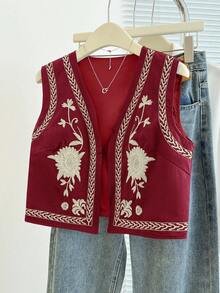 Breezaya Women's Floral Embroidered Casual Versatile Sleeveless Lightweight Jacket