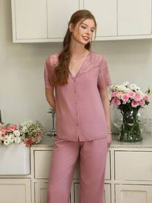 Lace Patchwork Sheer Short Sleeve Top With Pants Women Pajama Set Lounge Set - Dusty Pink - View 6