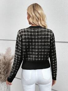 EMERY ROSE Áo khoác cardigan dệt kim đơn hàng khuy kim loại kẻ caro dành cho nữ, Thu/Đông - màu đen - Xem 2