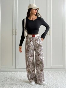 SHEIN Tall Women's Casual Knitted Long Pants With Autumn Leaf Print And Zipper Detail - Grey - View 6