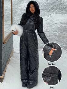 SHEIN EZwear Women's Thick Quilted Black Padded Coat, Suitable For Skiing, Autumn/Winter - Black - View 3