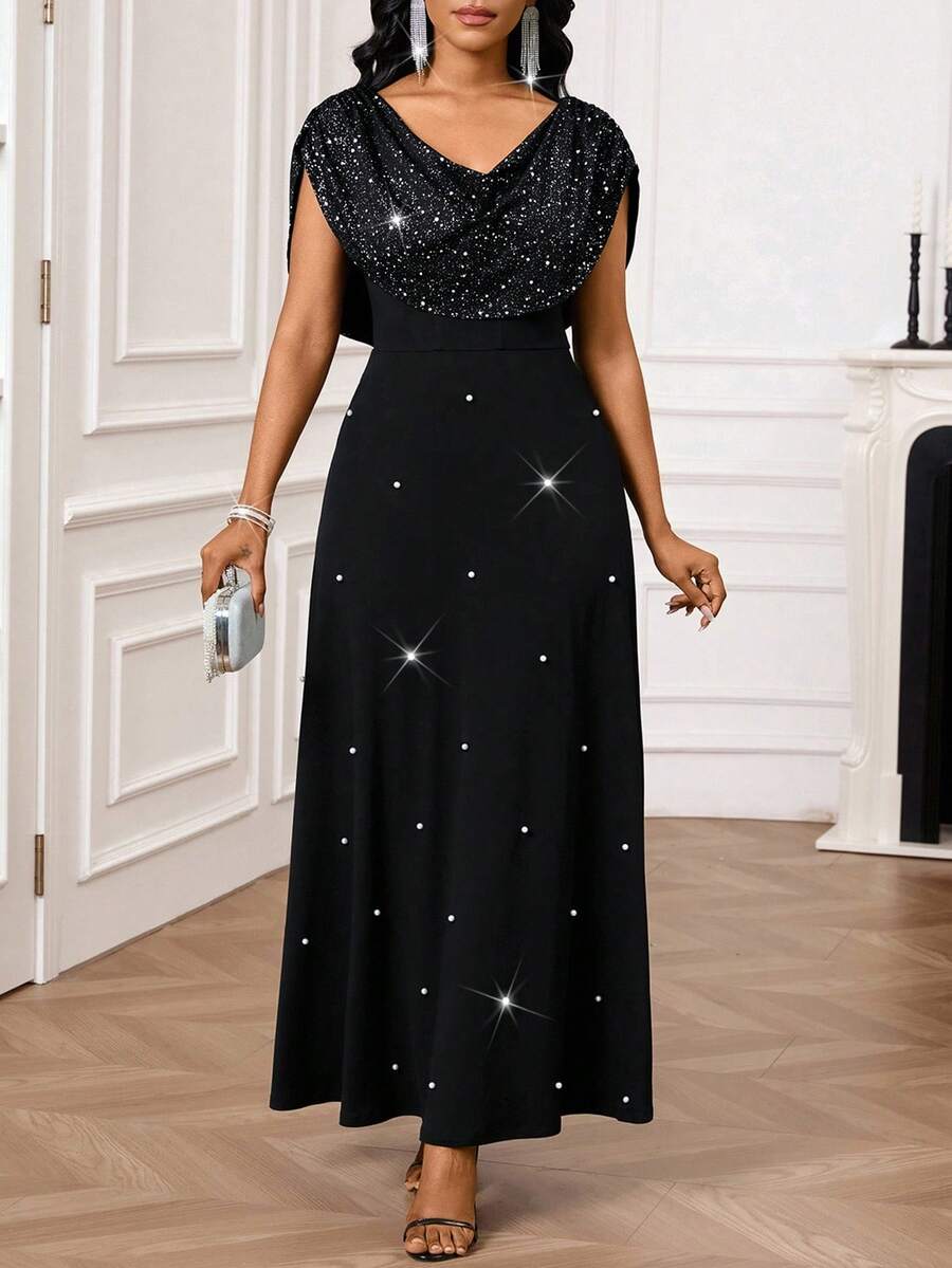 SHEIN Lady 女士时尚派对珍珠缀饰超长连衣裙 - 黑色 - 查看 1