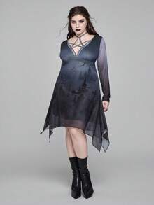 ROMWE Gothic Dark Forest Tombstone Cross Print Mesh Pentagram Lace-Up Collar Plus Size Women Waist Cinched Asymmetric Hem Dress - Black - View 7