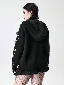 ROMWE Halloween  Gothic Skeleton Jacquard Distressed Design Hooded Cardigan Sweater For Women - Black - View 3