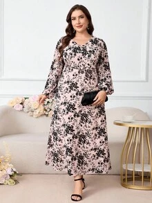 Modelyn 加大码优雅花卉印花中长连衣裙，适合通勤 - 淺粉色 - 查看 1
