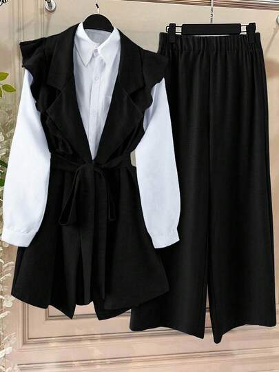 Regalyn Plus Size Women's Solid Color Contrast Ruffle Trim Faux Pocket Full Button Elegant Office Blazer Jacket + Solid Button A-Line Minimalist Versatile Skirt 2 Pieces Set