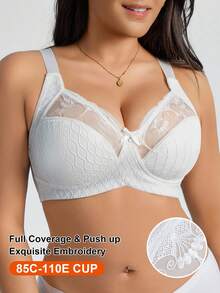 1pc Plus Size Wireless Mesh Embroidery Patchwork Bra, Lift - White - View 1