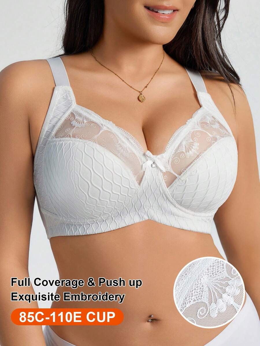 1pc Plus Size Wireless Mesh Embroidery Patchwork Bra, Lift - White - View 1