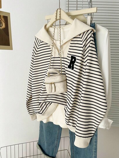 Franclia Plus Size Polo Collar Zip-Up Striped Long Sleeve Sweatshirt