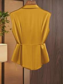 GlowEve Blusa sin mangas con cuello, pliegues y lazo delantero para mujer - Amarillo - Ver 2