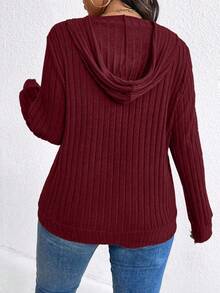 SHEIN CURVE+ Plus Size Casual Solid Color Long Sleeve Drawstring Sweatshirt, Autumn - Burgundy - View 2