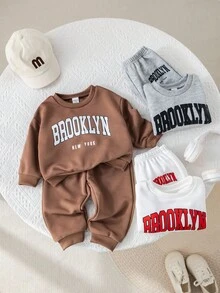 SHEIN Babygirl 可爱休闲字母图案长袖卫衣套装，秋冬 - 彩色 - 查看 3