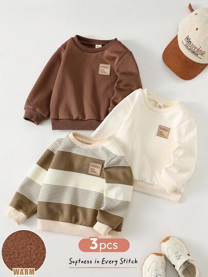 Cozy Pixies 3pcs/Set Baby Boy/Girl Letter Print Soft Knit Crew Neck Long Sleeve Pullover Sweatshirt Set Fall Toddler Clothes Infant Boy Clothes Long Sleeve Brown Baby Clothes Neutral Baby Clothes Unisex Baby Boy Sweatshirt Winter