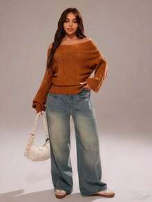 Rustia Áo len dài tay hở vai dáng rộng cỡ lớn dành cho nữ, thu/đông - màu nâu - Xem 5