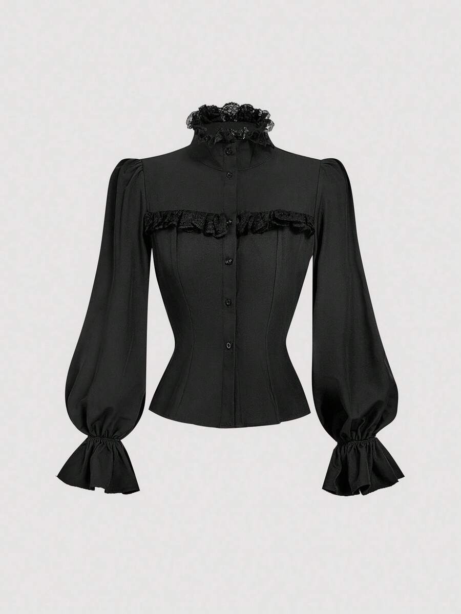 SHEIN MOD Blusa elegante da donna con colletto alto, maniche a volant e pizzo a contrasto, vestibilità slim, autunnale - nero - Visualizzare 1