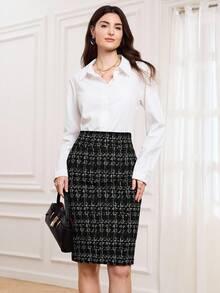 Miaspire 女士格子图案修身休闲半身裙，日常穿着，夏季穿搭 - 黑色 - 查看 1