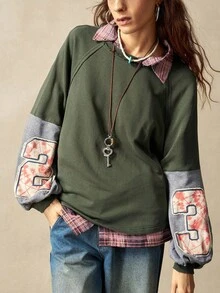 Bohemela Áo nỉ dệt kim chắp vá cổ tròn dáng rộng thoải mái dành cho nữ mùa thu đông - màu xanh lá - Xem 3
