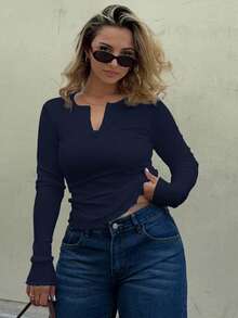 Jeta Ari Camiseta de punto acanalado de ajuste ceñido con botones a la mitad, blusas de mujer de manga larga para otoño - Azul Marino - Ver 1