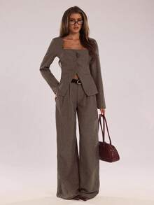 SHEIN BAE Minimalist Elegant Commuter Casual Straight Leg Pants Autumn Winter Clothes For Women - Coffee Brown - View 4