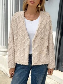 Chiquease Women's French V-Neck Gold Button Cardigan Sweater, Long Sleeve, Christmas - White - View 3