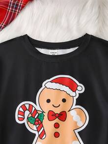 适合青少年女孩的可爱姜饼印花长袖上衣和格子裤睡衣套装，圣诞节礼物 - 彩色 - 查看 6