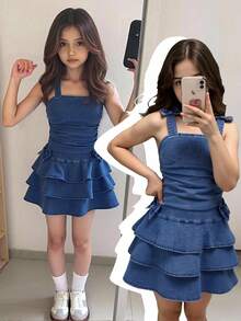 Girls' Casual Comfortable Soft Washed Denim Dress With Bowknot Decor, Elastic Waist Patchwork Flared Hem Long Dress, Lightweight Summer