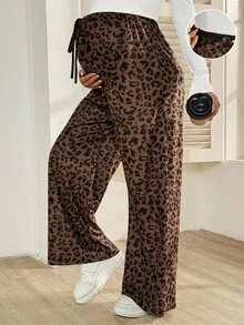 SHEIN Maternity Casual Fashionable Street Corduroy Leopard Print Knot Adjustable Waist Loose Wide Leg Pants Cheetah Print - Brown - View 3