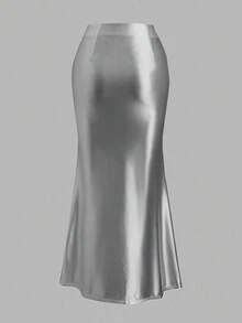 SHEIN Unity Chân váy xếp ly viền đuôi cá màu bạc thời trang cho người đi làm - Bạc - Xem 2