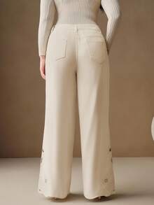 Anewsta Women's Fashionable Embroidered White Straight-Leg Pants - Beige - View 2