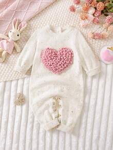 SHEIN Babygirl 可爱心形图案长袖毛衣连体衣，秋冬 - 米色 - 查看 1