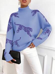 SHEIN LUNE Sweater Wanita Kasual Motif Hewan dengan Kerah Tegak, Musim Gugur/Dingin - Baby Blue - View 6