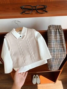 SHEIN 男宝宝秋冬可爱百搭针织背心、格子裤、白衬衫三件套，适合生日派对、锐舞派对、晚宴、演出、婚礼、迎婴派对、一周岁生日庆祝等场合。 - 彩色 - 查看 8