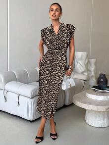 Lavishia 女士优雅中长连衣裙秋季女士服装冬季连衣裙女士猎豹印花连衣裙豹纹棕色连衣裙 - 彩色 - 查看 3