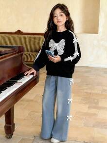 Genkimix Kids 秋冬新款时尚休闲女套装甜美蝴蝶结刺绣蕾丝拼布袖圆领卫衣+宽松直筒阔腿牛仔裤2件套 - 黑色 - 查看 3