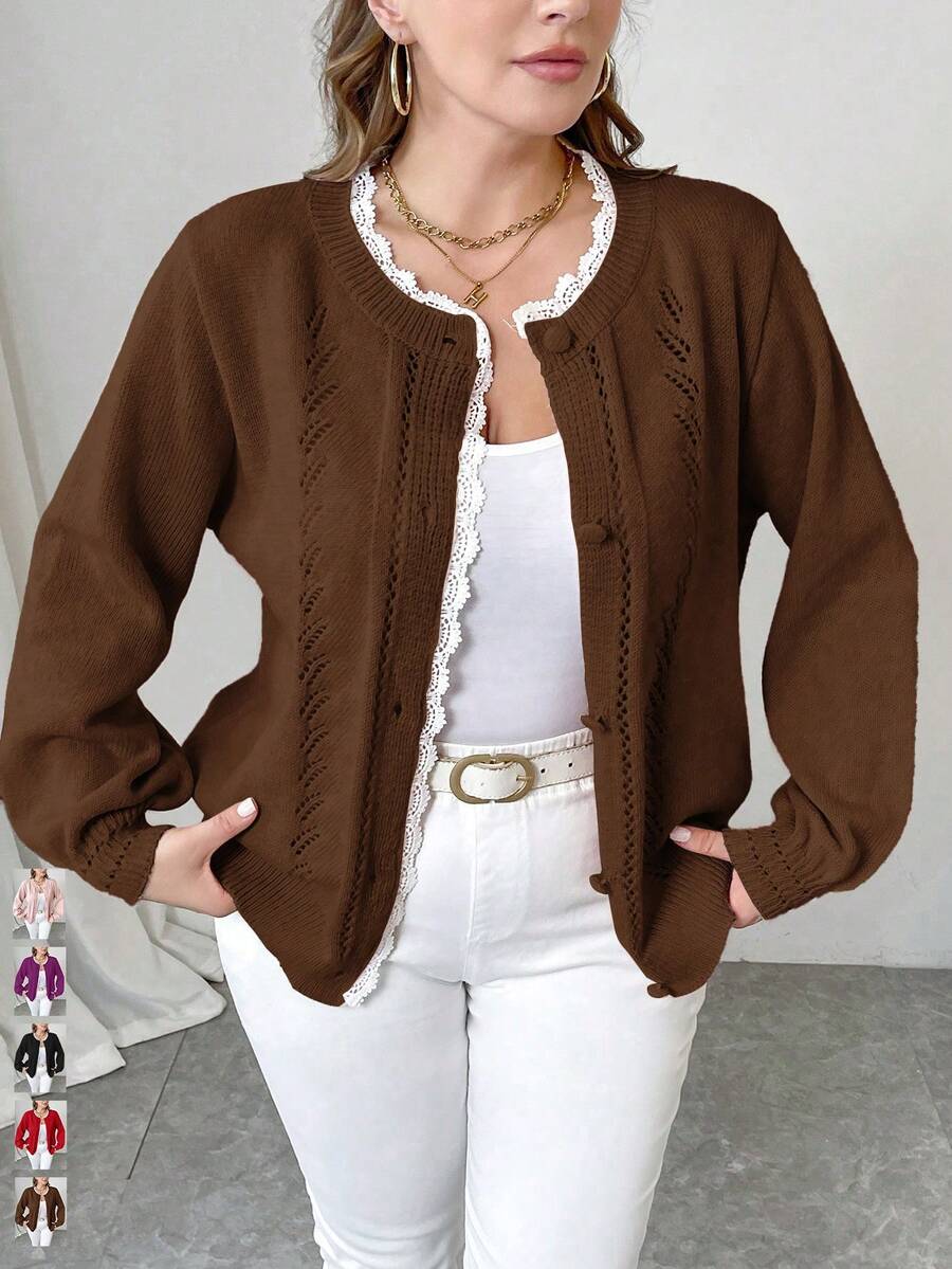 EMERY ROSE 大码女式纯色蕾丝宽松休闲开衫，秋冬 - 棕色 - 查看 1