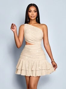 SOLERSUN Autumn And Winter Women's Clothing For Parties And Commuting Red Knitted Sequined Glitter Textured Fabric Short Sleeves Off-Shoulder One-Shoulder Collar Gathered Hips And Chest Hollow Waist Double Ruffled Hem Sexy Mini Dress - Apricot - View 4