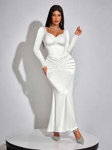 INAWLY Women's Elegant Sexy Satin Backless Bow Decor Long Sleeve Maxi Dress, Suitable For Party, Spring/Autumn - White - View 3