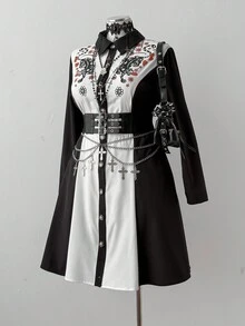 Sunspun Lässiges, minimalistisches farbblockiges Langarm-Figurkleid mit Muster - Schwarz - Übersicht 6