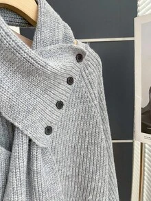 Franclia 法式复古宽松V领长袖针织围巾可拆卸灰色女士套头毛衣，秋冬外出上衣 - 灰色 - 查看 5