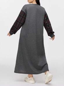 Modelyn Đầm dài hở vai họa tiết kẻ caro chắp vá cỡ lớn dành cho nữ, mùa xuân/thu - Màu xám đen - Xem 4