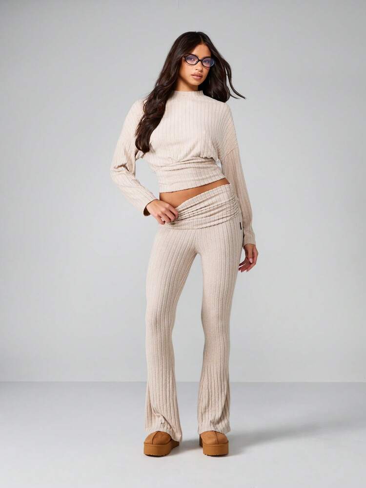 MISSGUIDED Ribbed Knit Long Sleeve Crop Top And High Waist Flared Pants Two Piece Set Fall Winter Loungewear Matching Co Ord