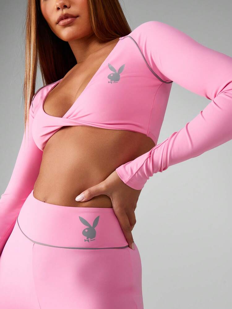 Missguided x Playboy Long Sleeve Crop Top And High Rise Leggings Co Ord Set For Women Active Athleisure Gym Wear