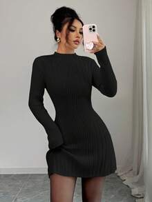 Elenzga Vestido ajustado de línea A de manga larga con cuello alto acanalado, que estiliza y ciñe la cintura para mujeres - Negro - Ver 3