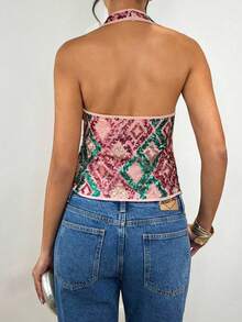 Xyvia Women's Sequined Halter Neck, Open Back, Metal Button Waist Top, Suitable For Going Out, Date Night, Theme Party, Celebration - Multicolor - View 2