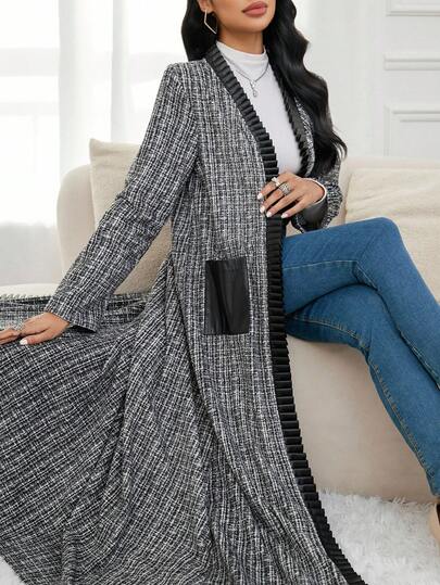 Al Najma 女式休闲撞色镶边双口袋前开阿拉伯长袍，秋季