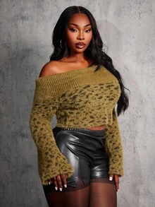 SHEIN SXY Plus Size Women Sexy Casual Off Shoulder Turndown Collar Leopard Patchwork Short Pullover Sweater, Autumn/Winter - Multicolor - View 7