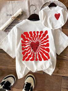 DrmWander Áo thun nữ cỡ lớn in họa tiết cổ tròn dáng rộng, thích hợp cho ngày Valentine. - trắng - Xem 4