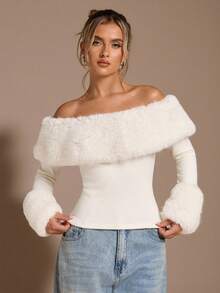 SHEIN BAE Apricot Off Shoulder Fuzzy Tight-Fitting Long Sleeve Sweater Top, Thermal Lined Thick Autumn/Winter Top,Valentine's Day,Valentine Outfits For Women