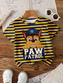 SHEIN | PAW Patrol 小男孩休闲时尚街头卡通字母条纹印花短袖T恤，夏季 - 白色 - 查看 1